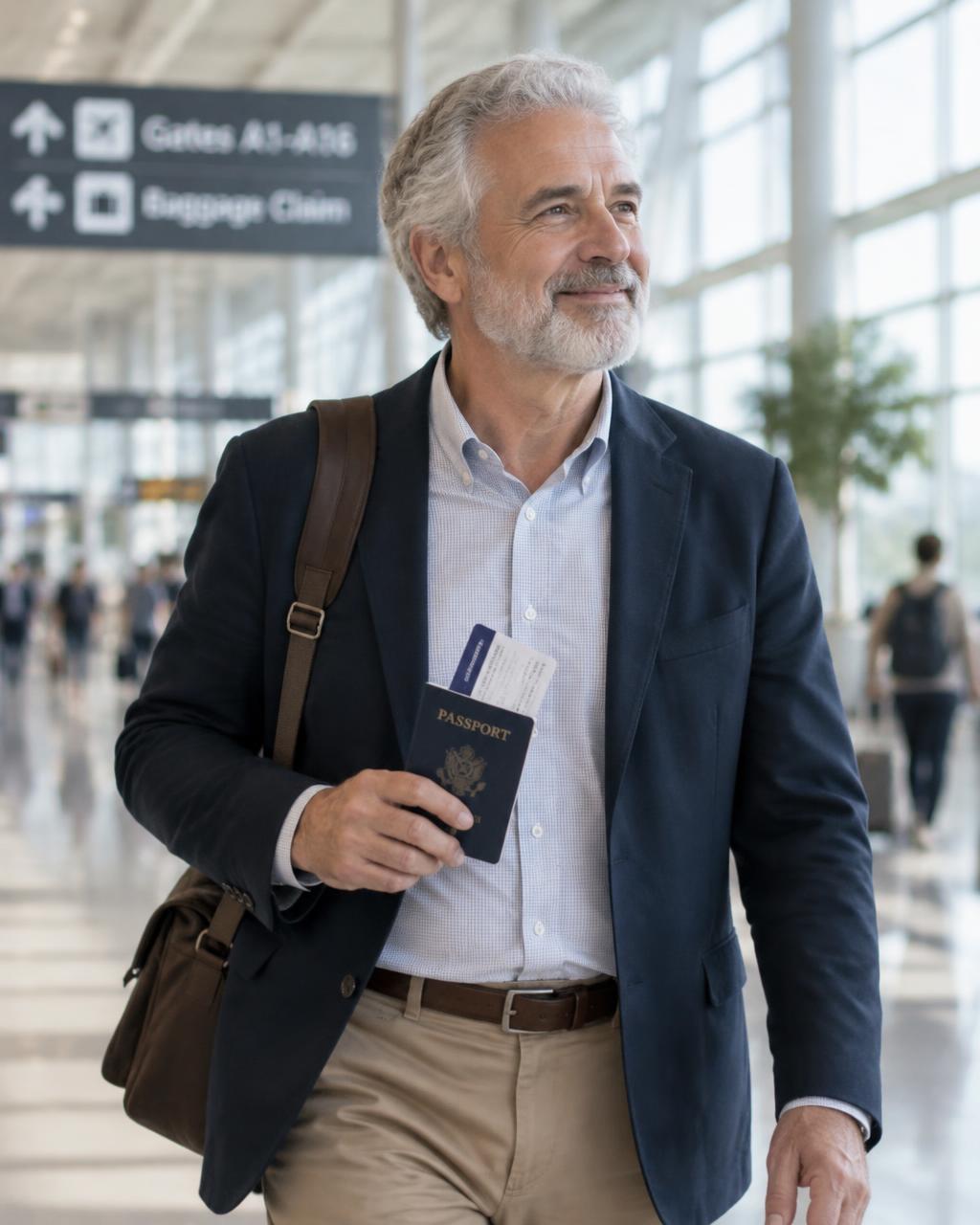 Older white man with grey hair and beard walking through an airport holding his passport and boarding pass.
