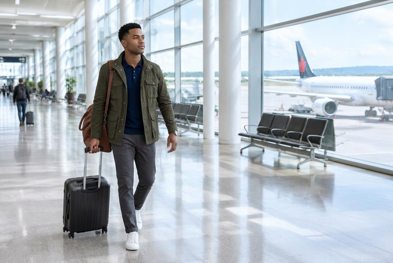 Young Black man travelling alone through an airport with a suitcase.