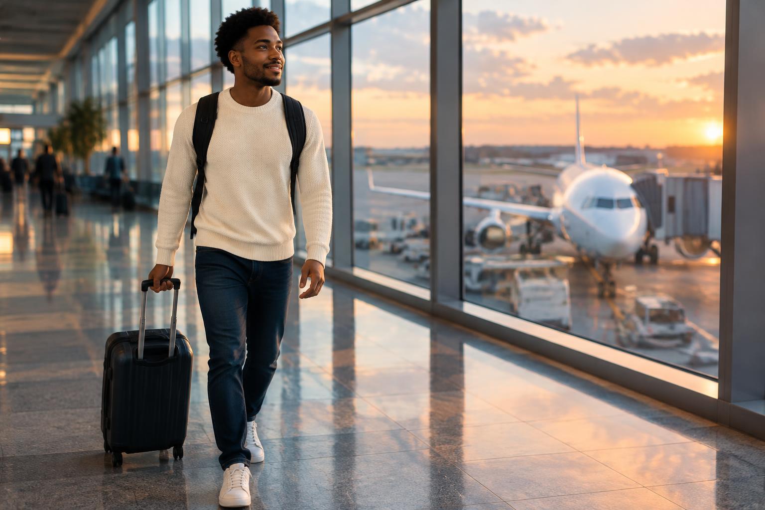 Young Black man with a backpack and rolling suitcase looking out at the planes from an airport window.