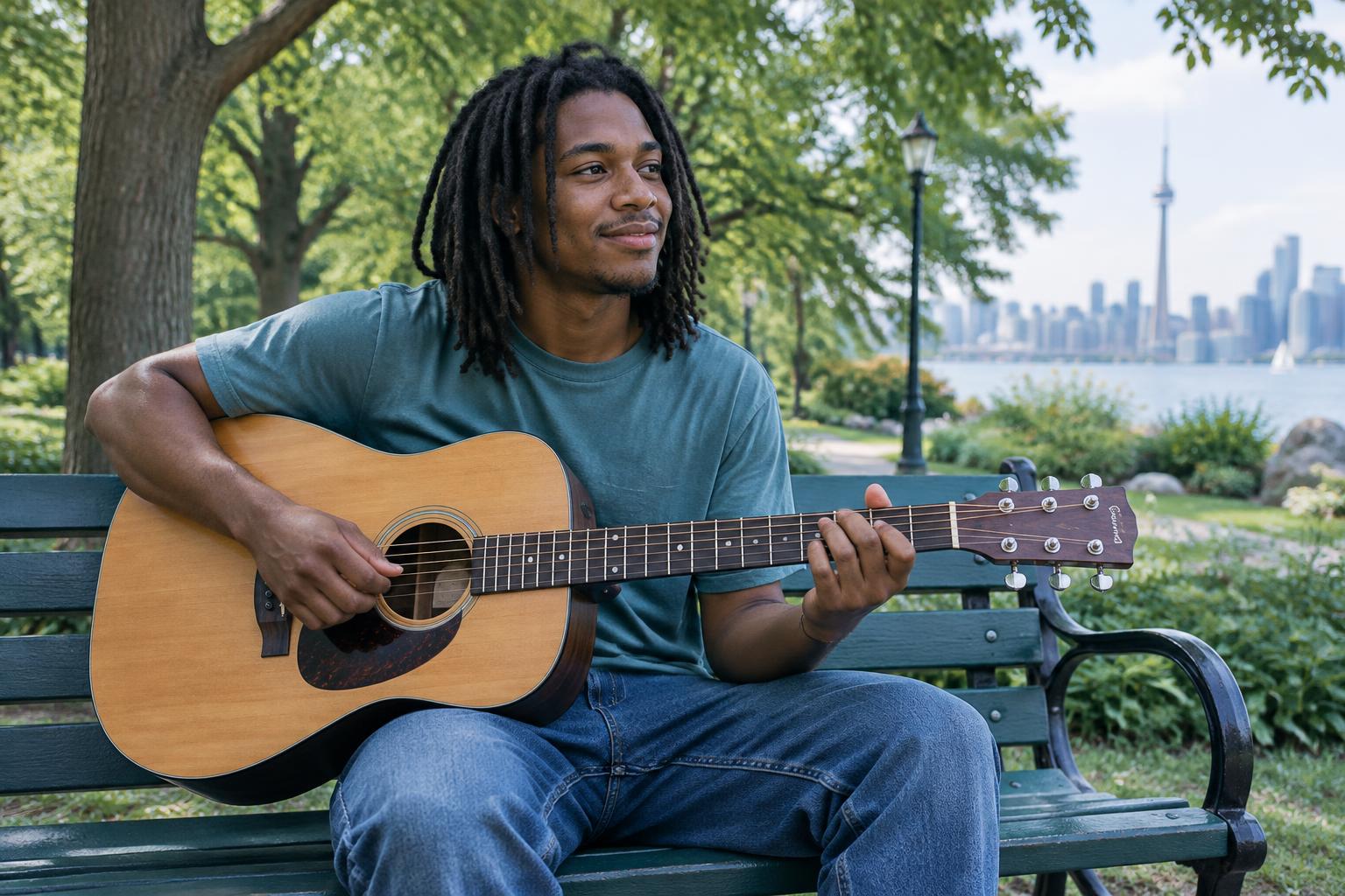 Black young man with dreadlocks playing an acoustic guitar in a park.